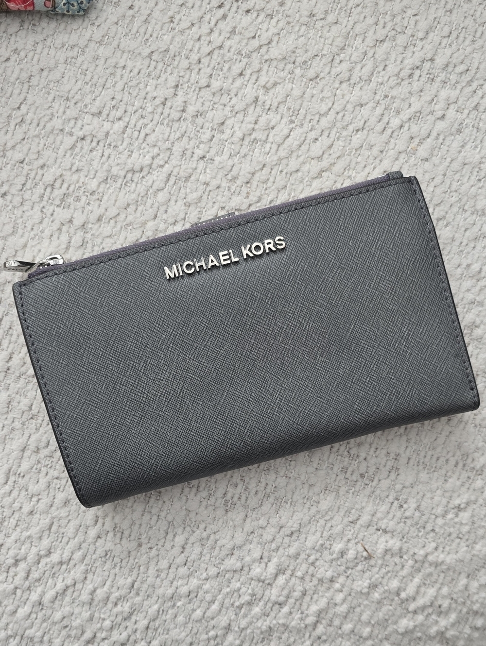 Michael Kors Gray Saffiano Zip Wallet with Silver Logo